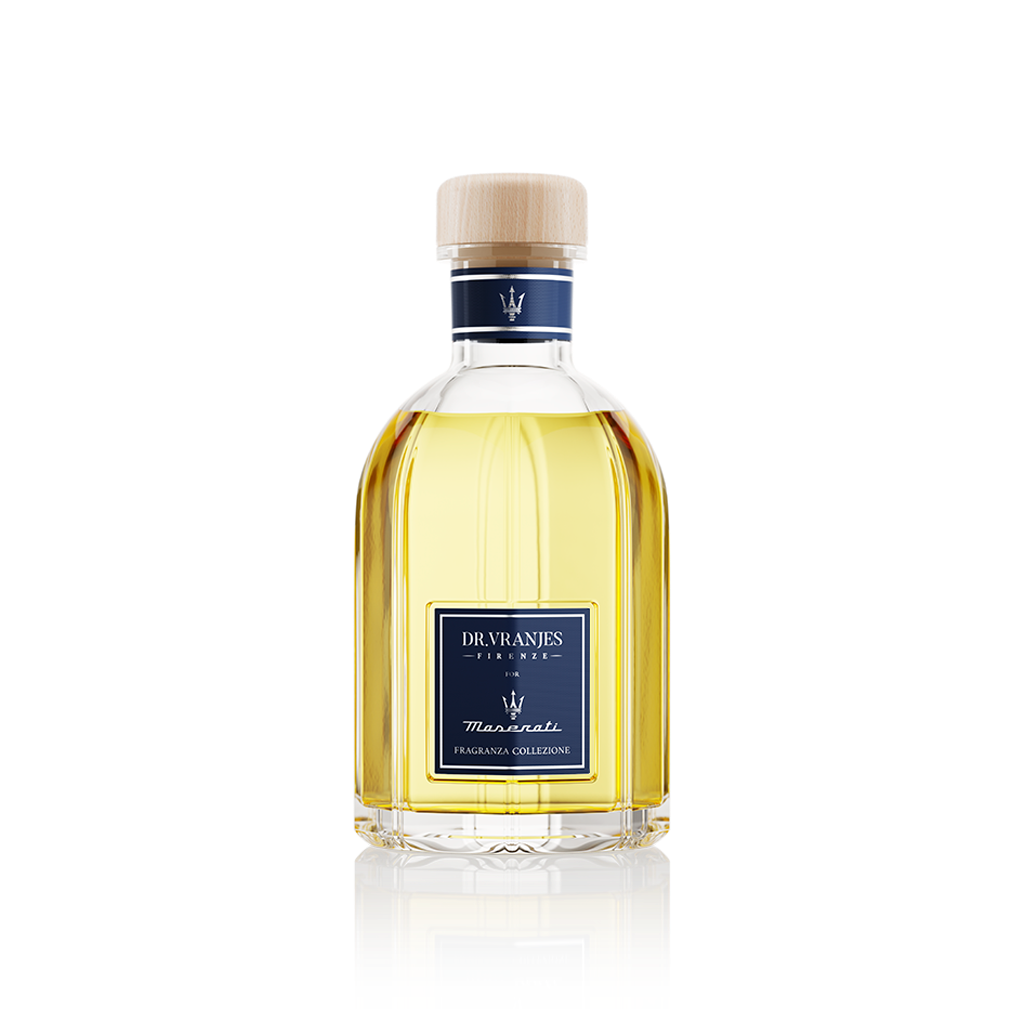 Eclectic Dr Vranjes Maserati reed diffuser in a clear glass bottle with a blue label and light wood cap.
