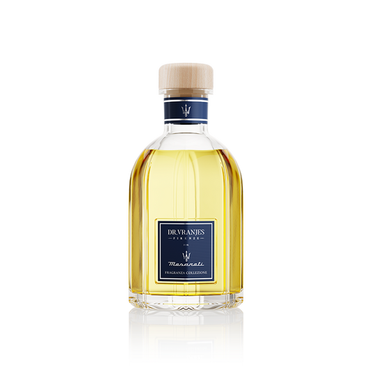 Eclectic Dr Vranjes Maserati reed diffuser in a clear glass bottle with a blue label and light wood cap.