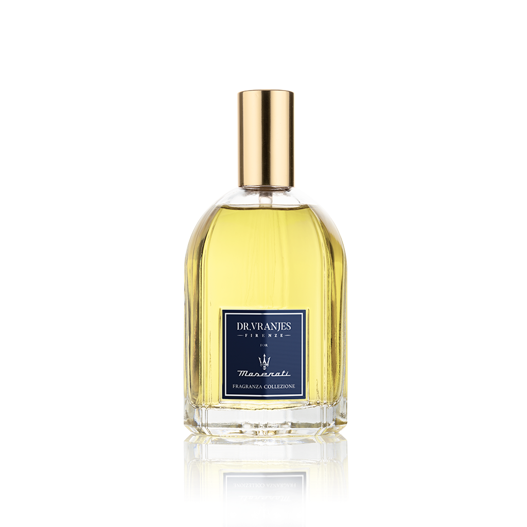 Eclectic Dr Vranjes Maserati room spray in a glass bottle with a gold cap against a black background