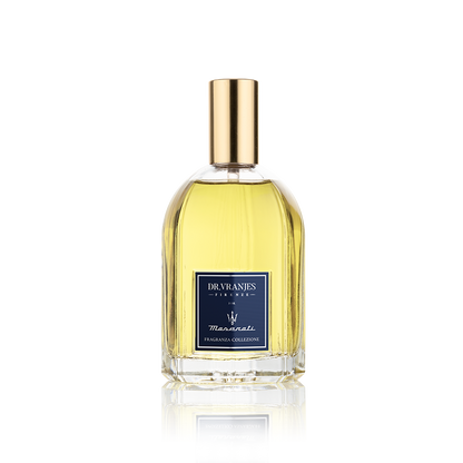 Eclectic Dr Vranjes Maserati room spray in a glass bottle with a gold cap against a black background