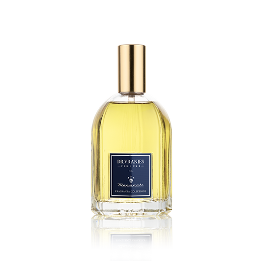 Eclectic Dr Vranjes Maserati room spray in a glass bottle with a gold cap against a black background