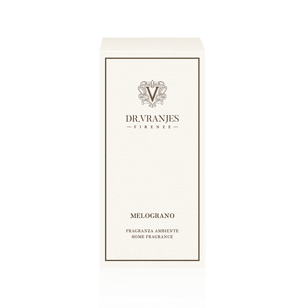 Eclectic Dr Vranjes Melograno home fragrance diffuser box in elegant cream packaging with branding