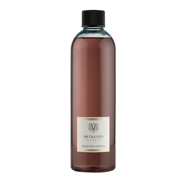 Eclectic Dr Vranjes Melograno diffuser refill bottle with deep red pomegranate fragrance liquid on black background