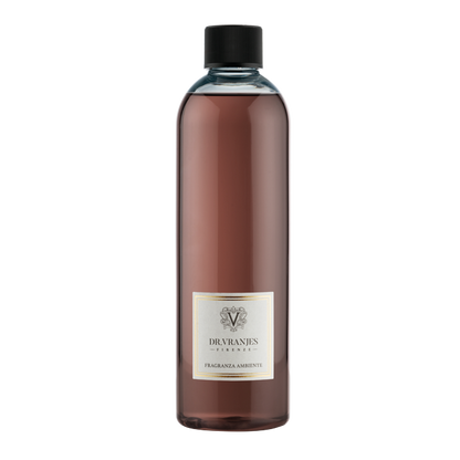 Eclectic Dr Vranjes Melograno diffuser refill bottle with deep red pomegranate fragrance liquid on black background