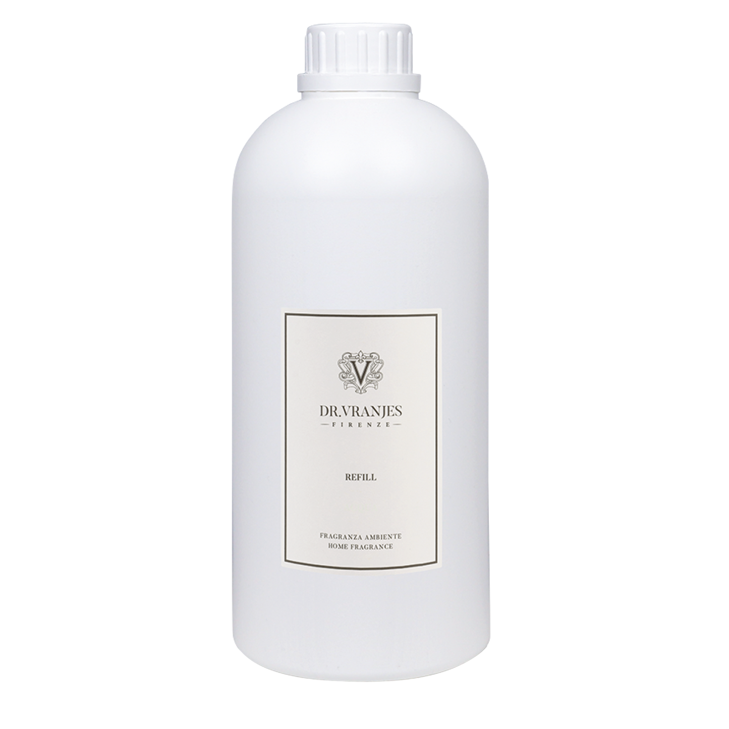 Eclectic Dr Vranjes Melograno diffuser refill bottle in white plastic with elegant label and included reeds
