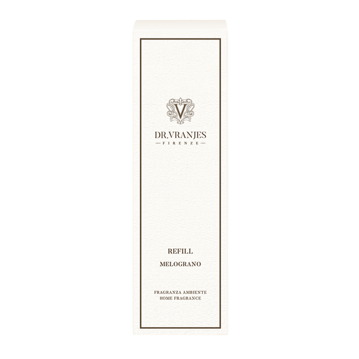 Eclectic Dr Vranjes Melograno diffuser refill bottle in elegant white packaging with branding