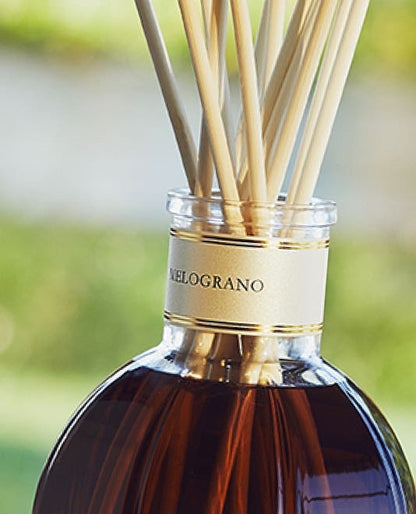 Eclectic Dr Vranjes Melograno diffuser refill in a glass bottle with wooden reeds for a fresh fruity home fragrance