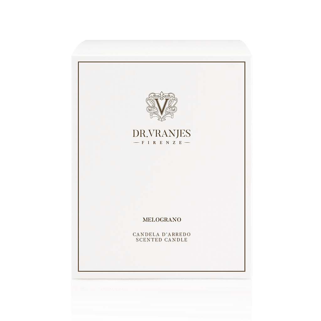 Eclectic Dr. Vranjes Melograno scented candle white presentation box with elegant branding and logo