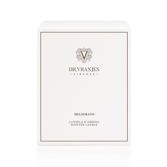 Eclectic Dr. Vranjes Melograno scented candle white presentation box with elegant branding and logo