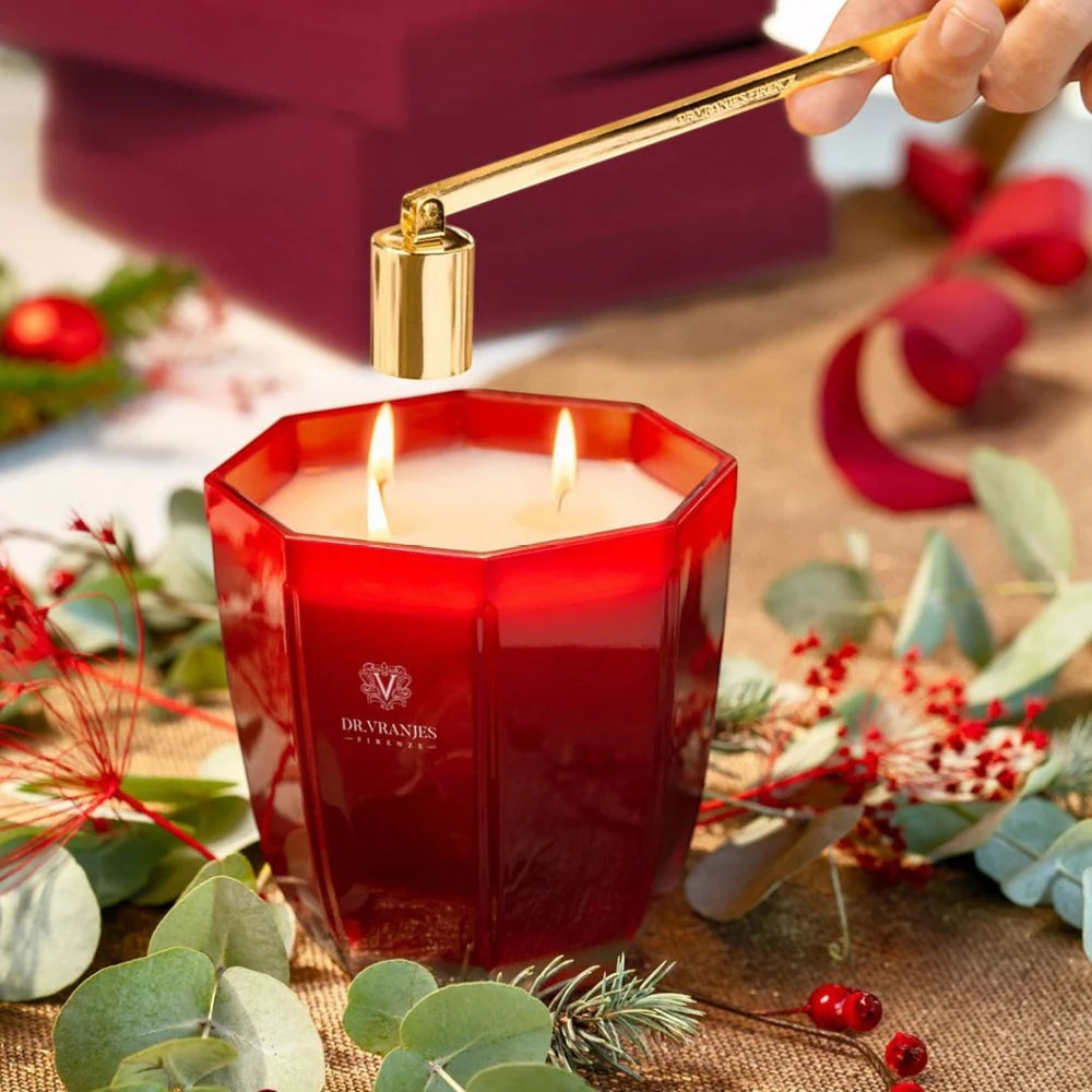 Eclectic Dr. Vranjes Melograno scented candle in a tourmaline glass vase being extinguished with a gold snuffer.