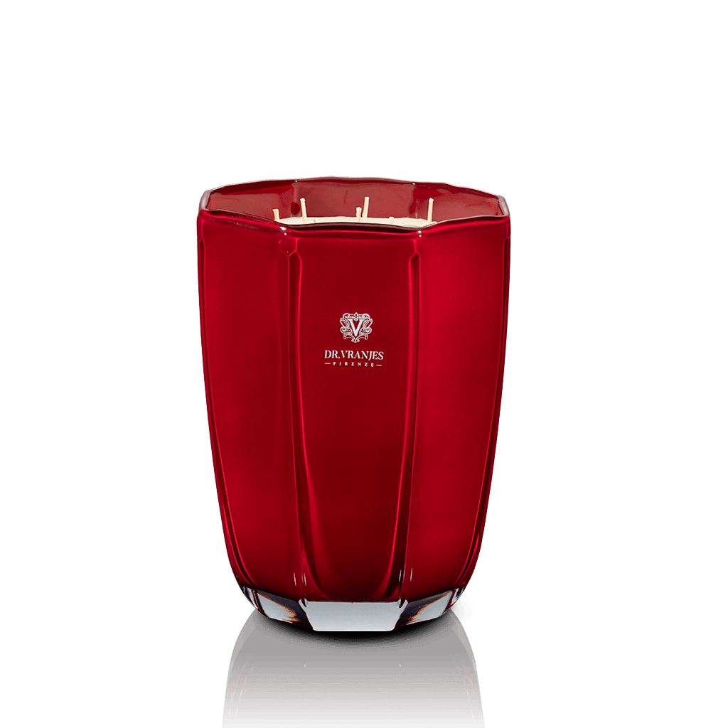 Eclectic Dr. Vranjes Melograno scented candle in a tourmaline-coloured glass vase with multiple wicks.