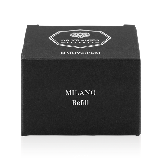 Eclectic Dr. Vranjes Milano Carparfum refill box in black with white logo and elegant typography