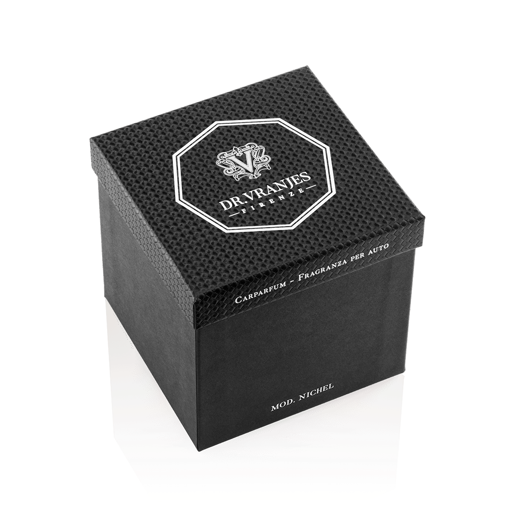 Eclectic Dr. Vranjes Nickel Carparfum diffuser in a black textured presentation box with octagonal branding