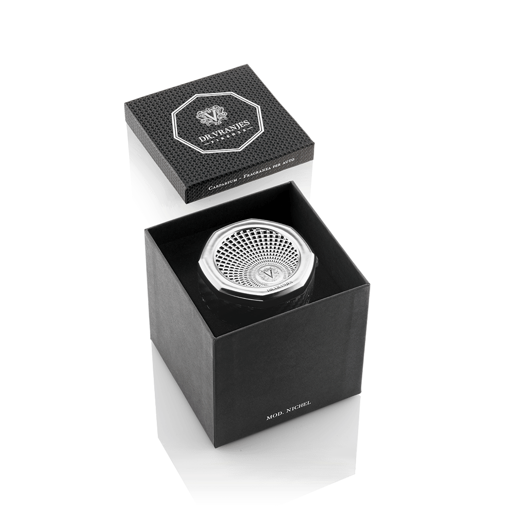 Eclectic Dr. Vranjes nickel car diffuser with octagonal design in a black presentation box