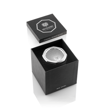 Eclectic Dr. Vranjes nickel car diffuser with octagonal design in a black presentation box