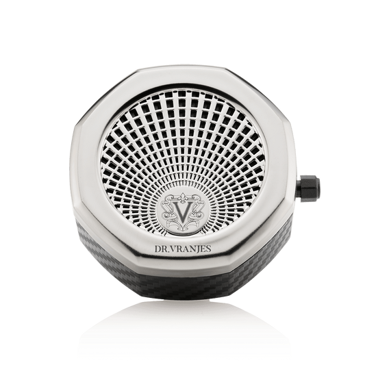 Eclectic Dr. Vranjes nickel car fragrance diffuser with an octagonal design inspired by Florentine architecture.