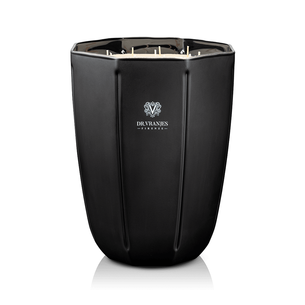 Eclectic Dr. Vranjes Ambra scented candle in a sleek, faceted onyx-coloured glass vase with multiple wicks.