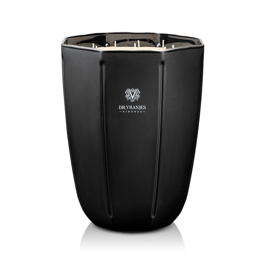 Eclectic Dr. Vranjes Ambra scented candle in a sleek, faceted onyx-coloured glass vase with multiple wicks.