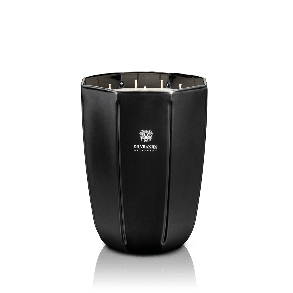 Eclectic Dr. Vranjes Rosa Tabacco scented candle in a faceted onyx-coloured glass vase with multiple wicks.