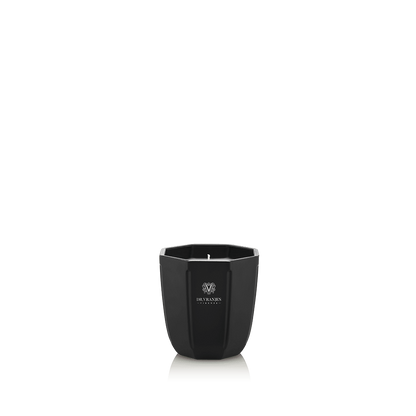 Eclectic Dr. Vranjes Rosa Tabacco scented candle in an elegant onyx-coloured glass vase on a black background.