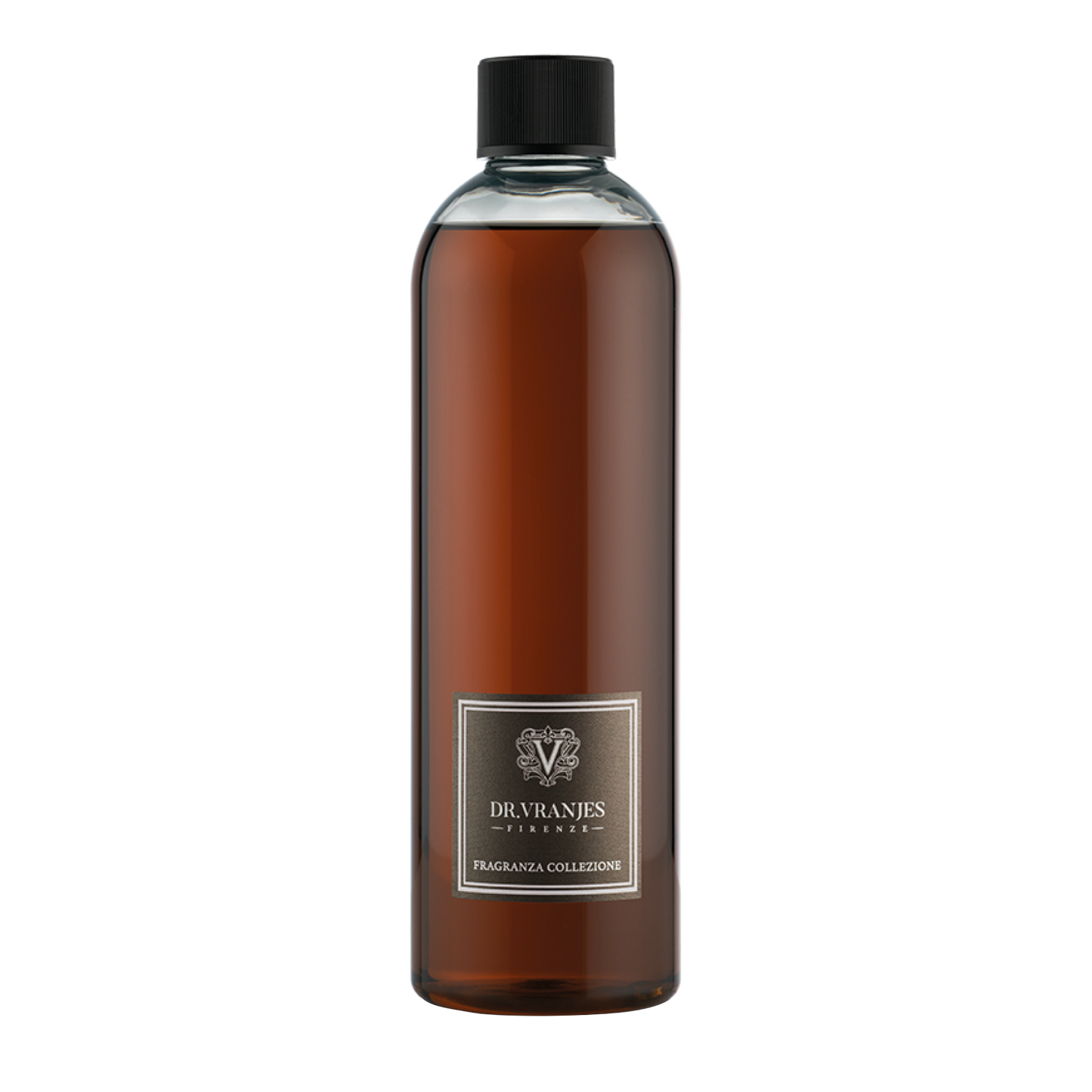 Eclectic Dr Vranjes Oud Nobile diffuser refill bottle with amber liquid and a black cap on a black background.