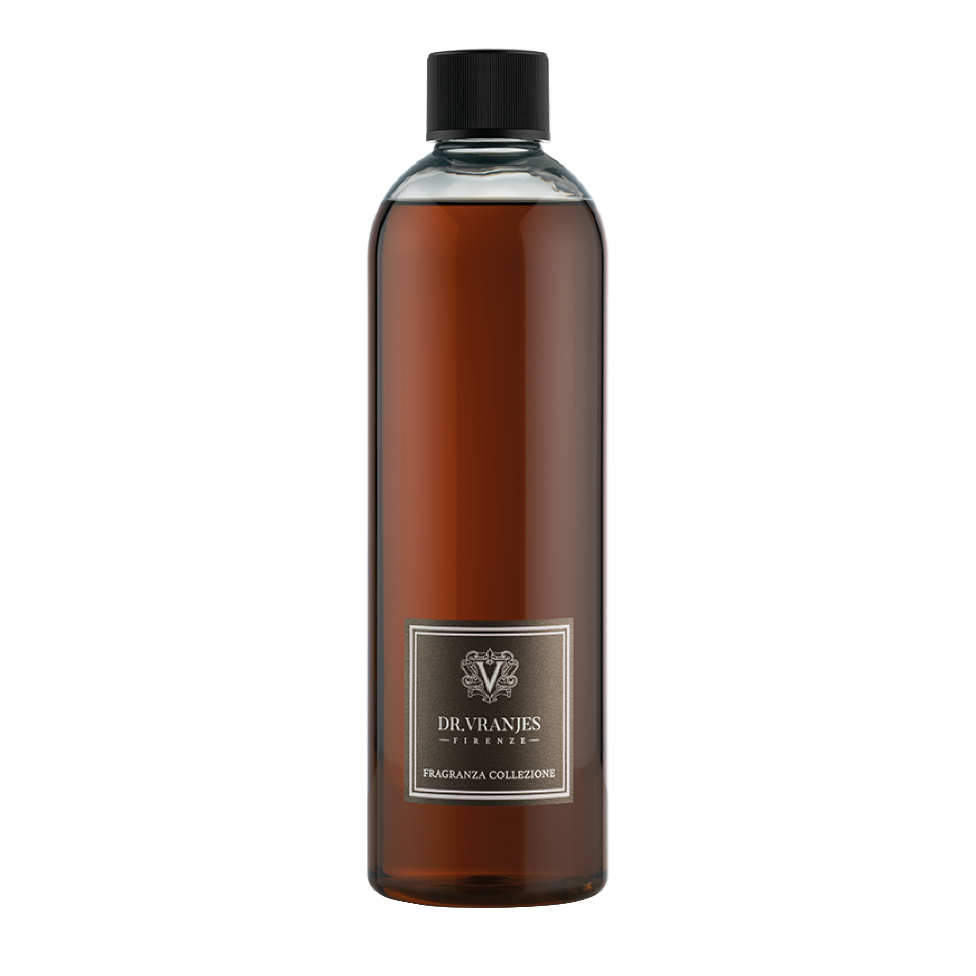 Eclectic Dr Vranjes Oud Nobile diffuser refill bottle with amber liquid and a black cap on a black background.