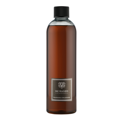 Eclectic Dr Vranjes Oud Nobile diffuser refill bottle with amber liquid and a black cap on a black background.