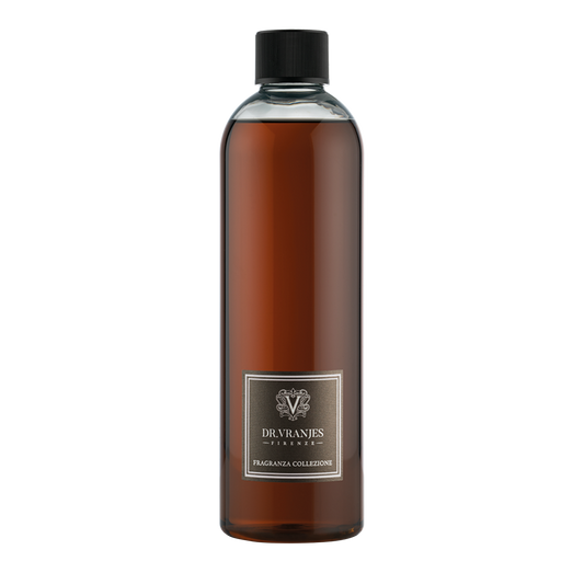 Eclectic Dr Vranjes Oud Nobile diffuser refill bottle with amber liquid and a black cap on a black background.