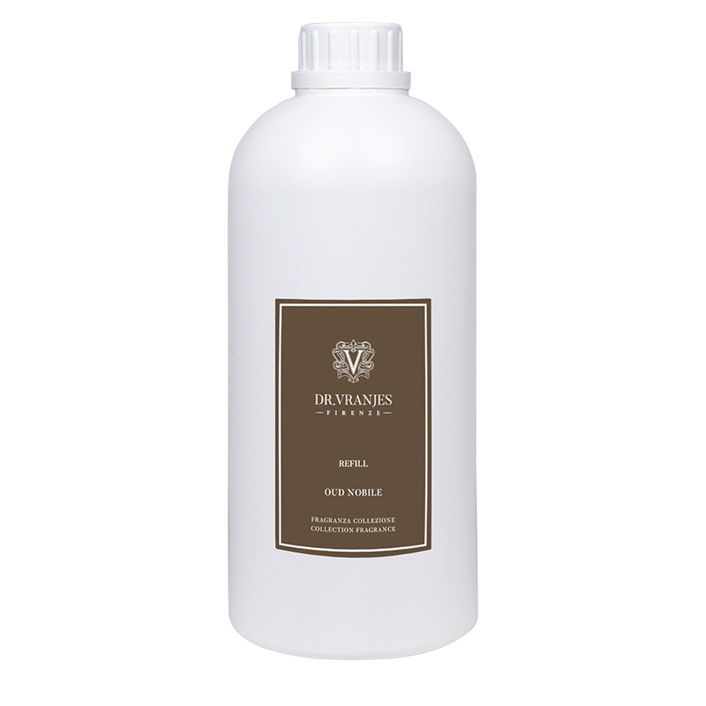 Eclectic Dr Vranjes Oud Nobile diffuser refill bottle with a brown label on a white plastic container