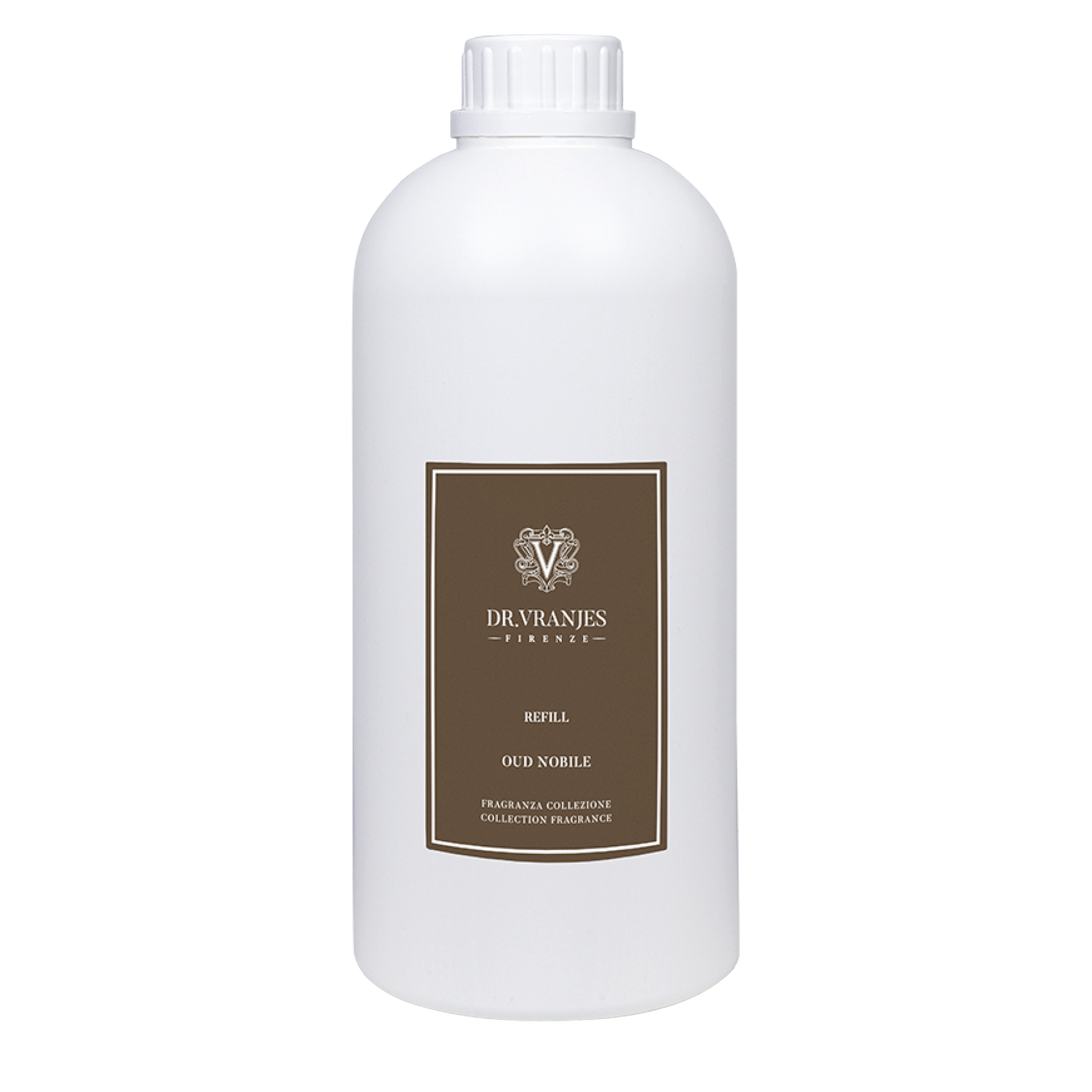Eclectic Dr Vranjes Oud Nobile diffuser refill bottle with a brown label on a white plastic container