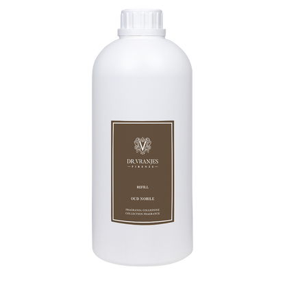 Eclectic Dr Vranjes Oud Nobile diffuser refill bottle with a brown label on a white plastic container