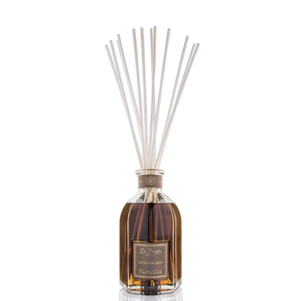 Eclectic Dr. Vranjes Firenze Oud Nobile diffuser with bamboo reeds in a signature glass bottle