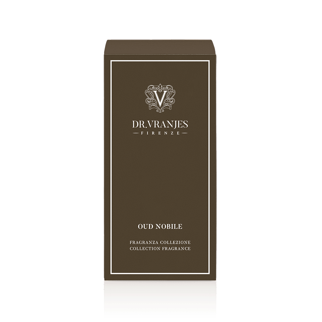 Eclectic Dr Vranjes Oud Nobile reed diffuser fragrance box in dark brown with elegant white branding and text