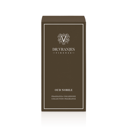 Eclectic Dr Vranjes Oud Nobile reed diffuser fragrance box in dark brown with elegant white branding and text