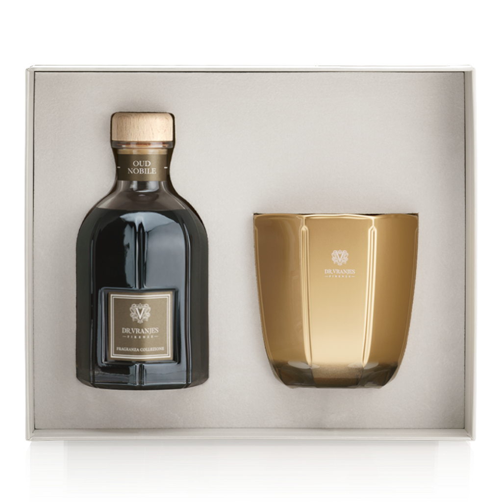 Eclectic Dr. Vranjes Oud Nobile gift set featuring a 500ml fragrance diffuser and a 500g gold scented candle.
