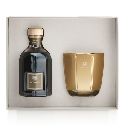 Eclectic Dr. Vranjes Oud Nobile gift set featuring a 500ml fragrance diffuser and a 500g gold scented candle.