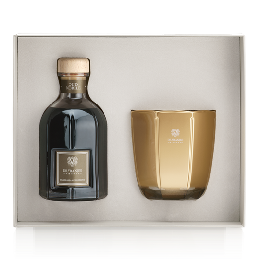 Eclectic Dr. Vranjes Oud Nobile gift set featuring a 500ml fragrance diffuser and a 500g gold scented candle.