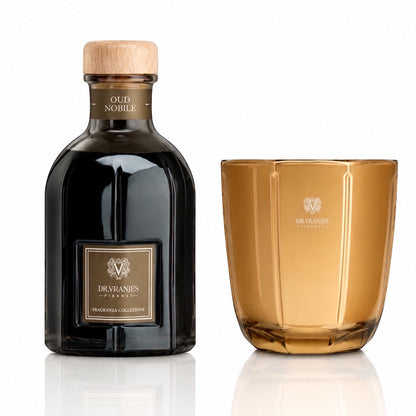 Eclectic Dr. Vranjes Oud Nobile luxury home fragrance set featuring a 500ml diffuser and a gold scented candle.