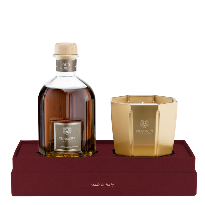 Eclectic Dr. Vranjes Oud Nobile gift set with a 250ml glass diffuser and a gold scented candle in a red box.
