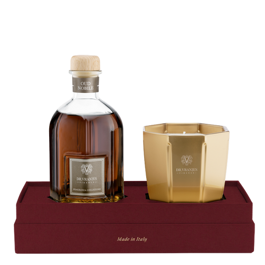 Eclectic Dr. Vranjes Oud Nobile gift set with a 250ml glass diffuser and a gold scented candle in a red box.