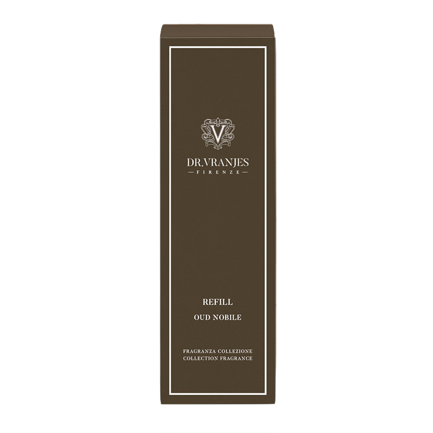 Eclectic Dr Vranjes Oud Nobile diffuser refill box in dark brown with elegant white branding and text.