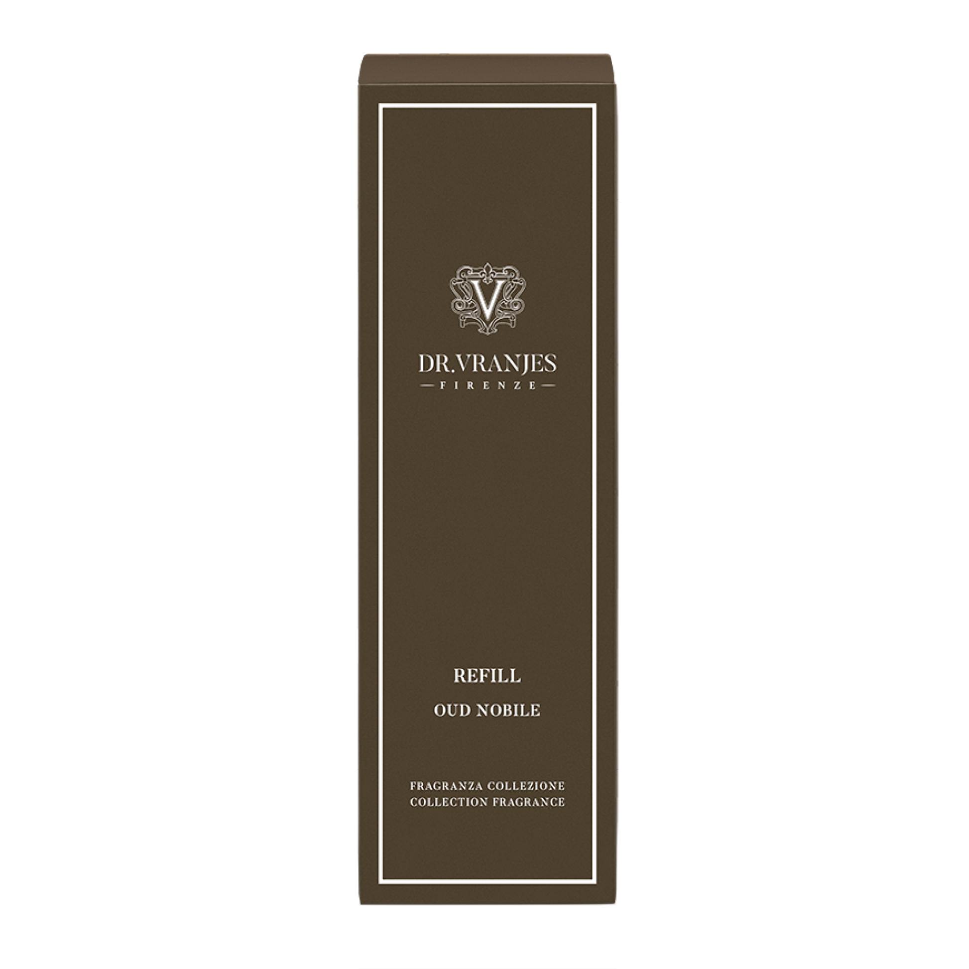 Eclectic Dr Vranjes Oud Nobile diffuser refill box in dark brown with elegant white branding and text.