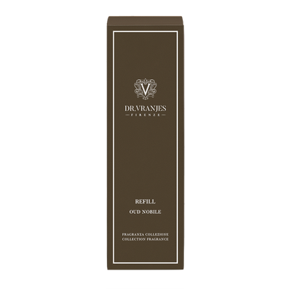 Eclectic Dr Vranjes Oud Nobile diffuser refill box in dark brown with elegant white branding and text.