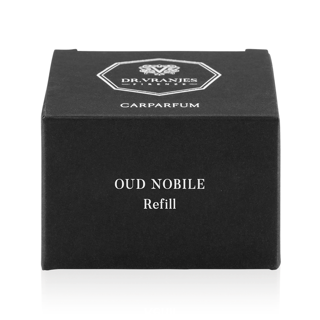Eclectic Dr Vranjes Oud Nobile Carparfum refill box in elegant matte black packaging with white branding text.
