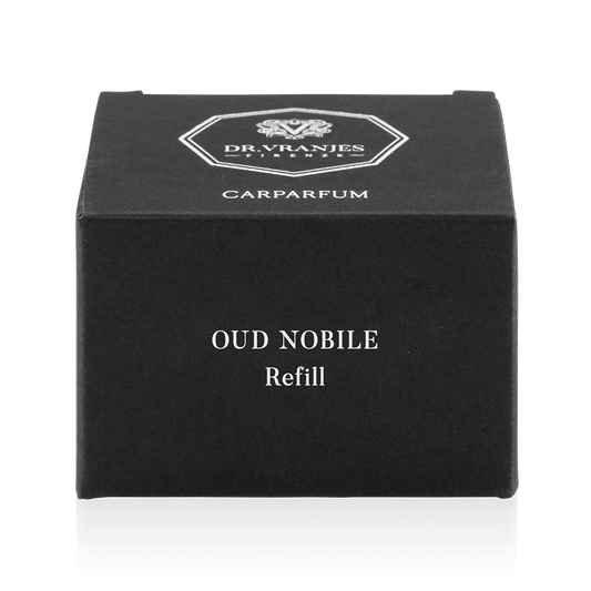 Eclectic Dr Vranjes Oud Nobile Carparfum refill box in elegant matte black packaging with white branding text.