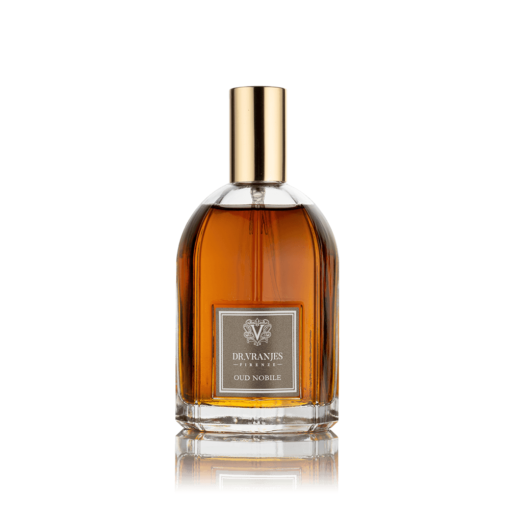 Eclectic Dr. Vranjes Oud Nobile room spray in a 100ml glass bottle with a gold cap against a black background.