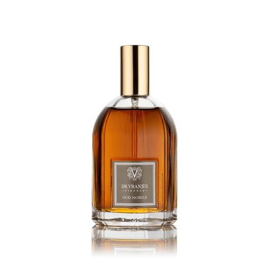 Eclectic Dr. Vranjes Oud Nobile room spray in a 100ml glass bottle with a gold cap against a black background.