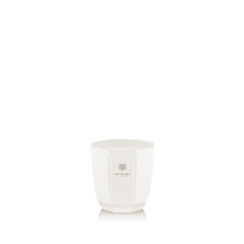 Eclectic Dr Vranjes Ginger Lime scented candle in an elegant pearl-coloured glass vase on a black background.