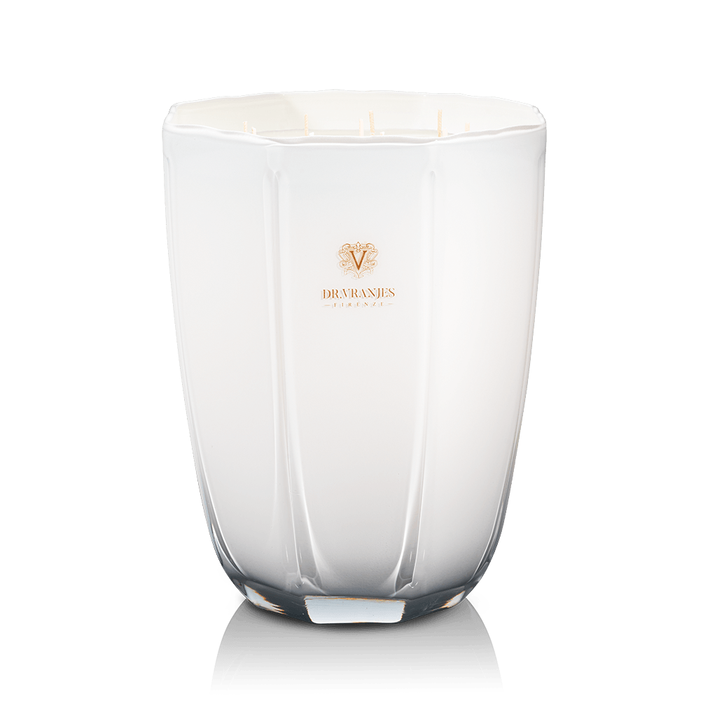 Eclectic Dr. Vranjes Ginger Lime scented candle in an elegant pearl-coloured glass vase with a gold logo.