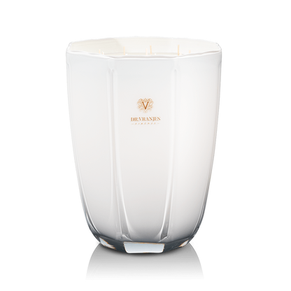 Eclectic Dr. Vranjes Ginger Lime scented candle in an elegant pearl-coloured glass vase with a gold logo.